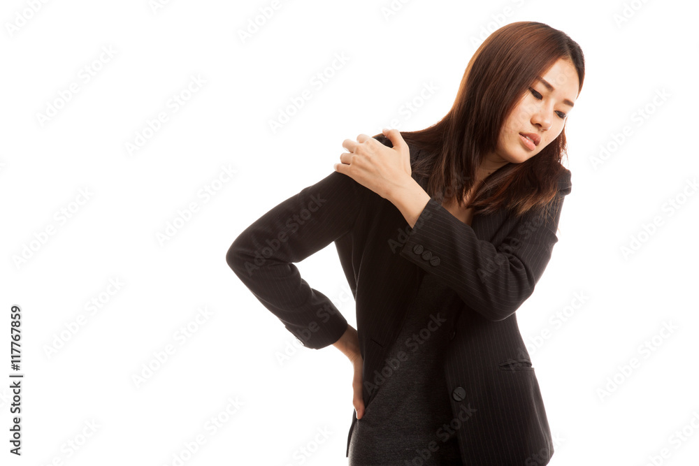 Young Asian business woman got back pain. Young Asian business woman got back pain.