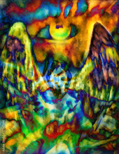 Angel and eye, color effect collage illustration.