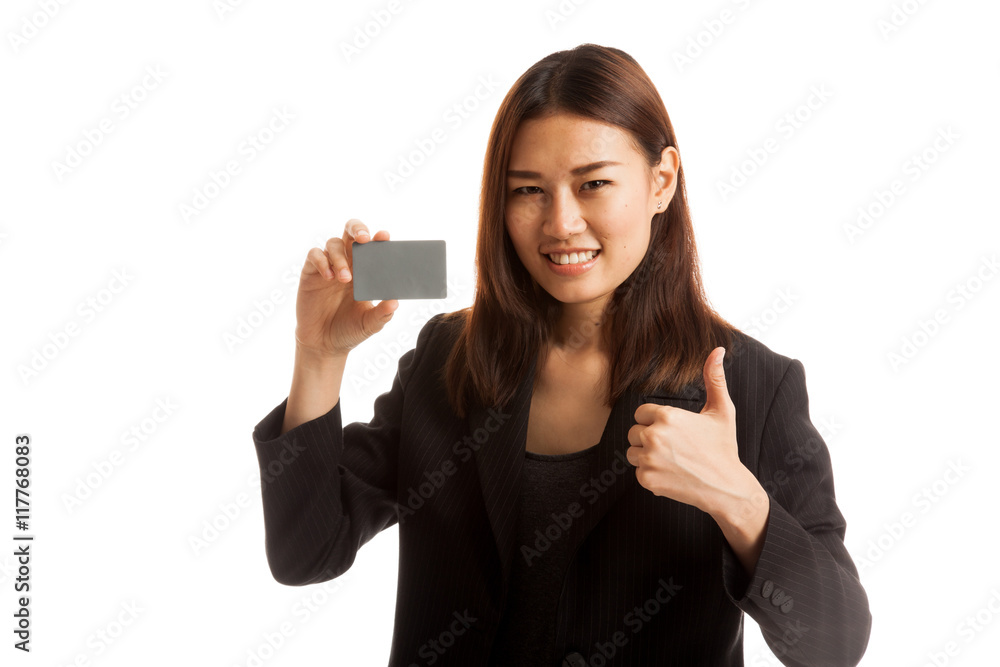 Young Asian business woman thumbs up with a blank card. Young Asian business woman thumbs up with a blank card.