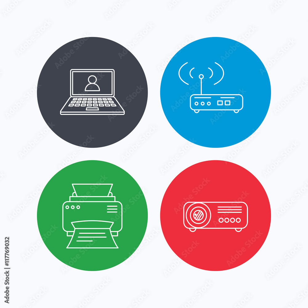 Printer, wi-fi router and projector icons. Printer, wi-fi router and projector icons.