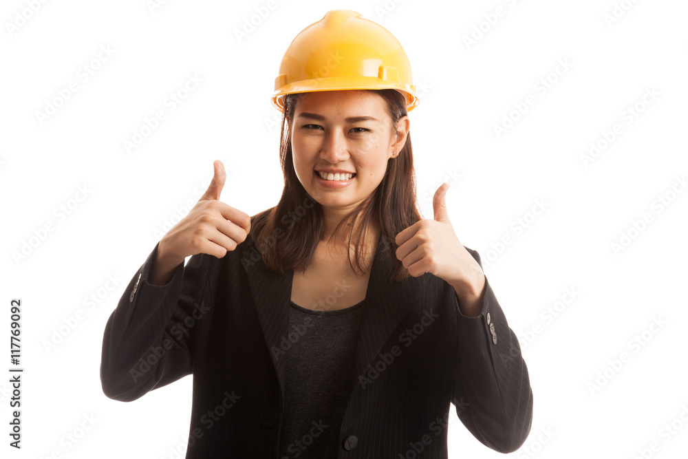 Asian engineer woman thumbs up with both hands. Asian engineer woman thumbs up with both hands.