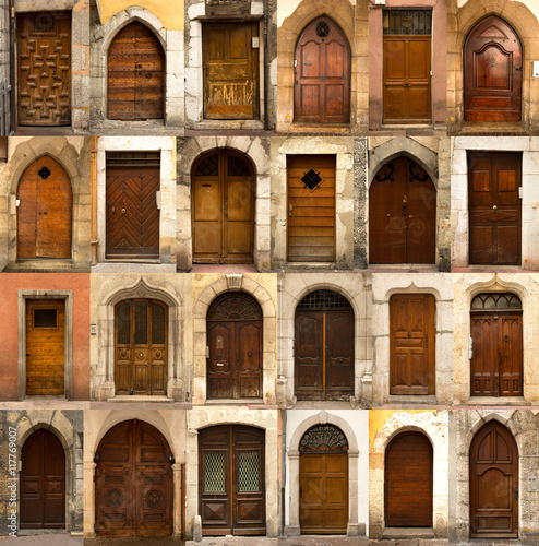 Valokuvatapetti Collage of french wooden doors