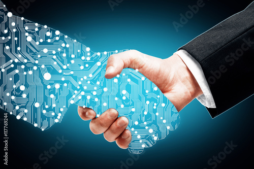 Digital handshake on blue background