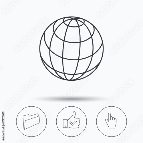 Folder, press hand and world globe icons.