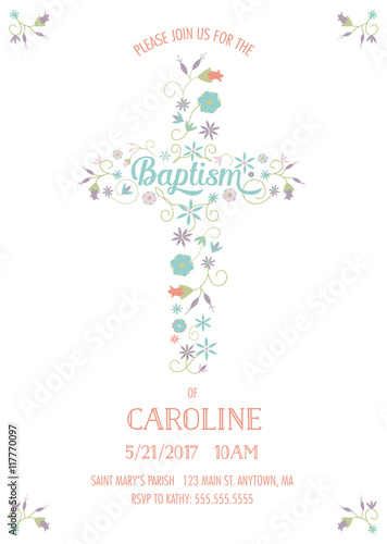 Baptism, Christening, Communion, Religious Occasion Invite - Invitation Template with Cross and Flowers