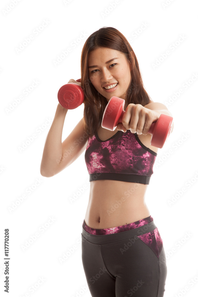 Beautiful Asian healthy girl exercise with dumbbell.