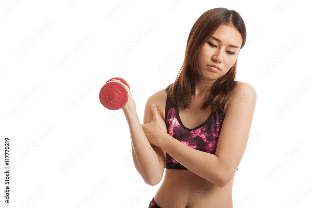 Asian healthy girl got arm pain with dumbbell. Asian healthy girl got arm pain with dumbbell.