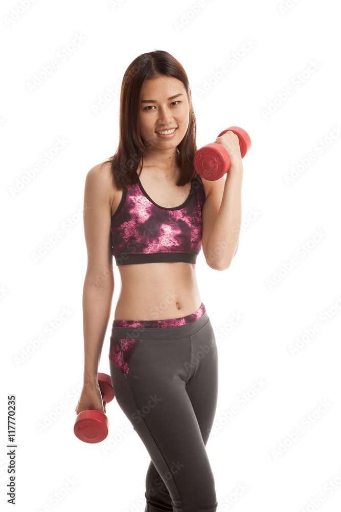 Beautiful Asian healthy girl exercise with dumbbell. Beautiful Asian healthy girl exercise with dumbbell.
