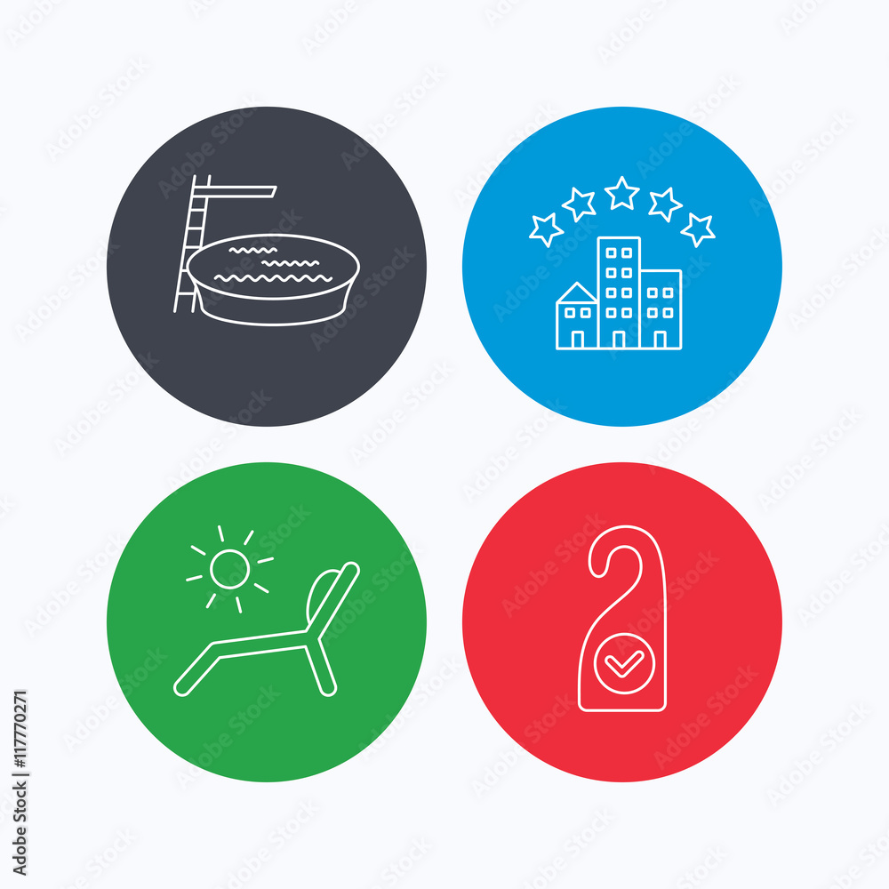Hotel, swimming pool and beach deck chair icons. Hotel, swimming pool and beach deck chair icons.