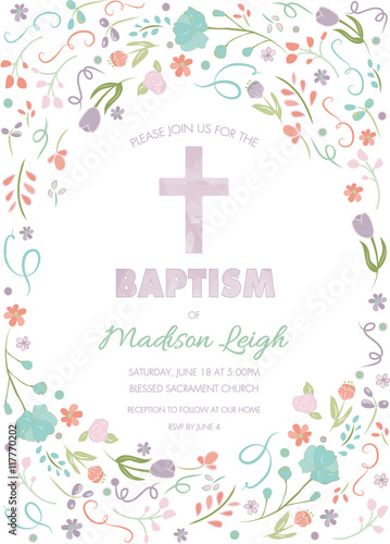 Fototapete Baptism, Christening, First Communion Card Invitation Template with abstract flo