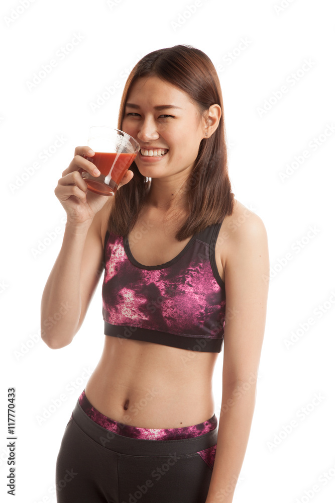 Beautiful healthy Asian girl drink tomato juice. Beautiful healthy Asian girl drink tomato juice.