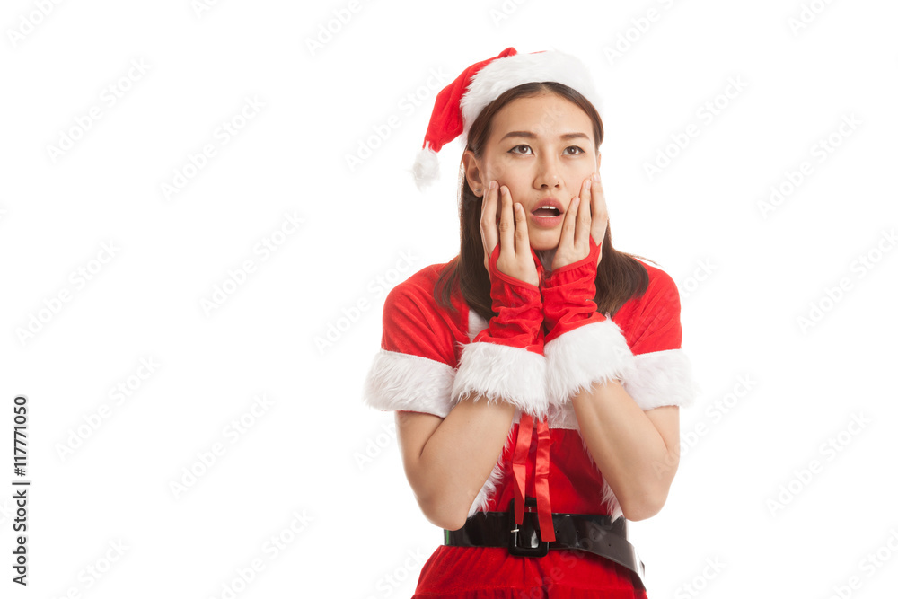 Asian Christmas Santa Claus girl shock and look up. Asian Christmas Santa Claus girl shock and look up.