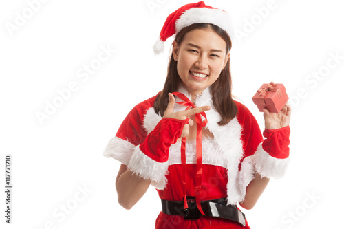 Asian Christmas Santa Claus girl point to  gift box.