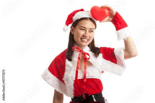 Asian Christmas Santa Claus girl with red heart.