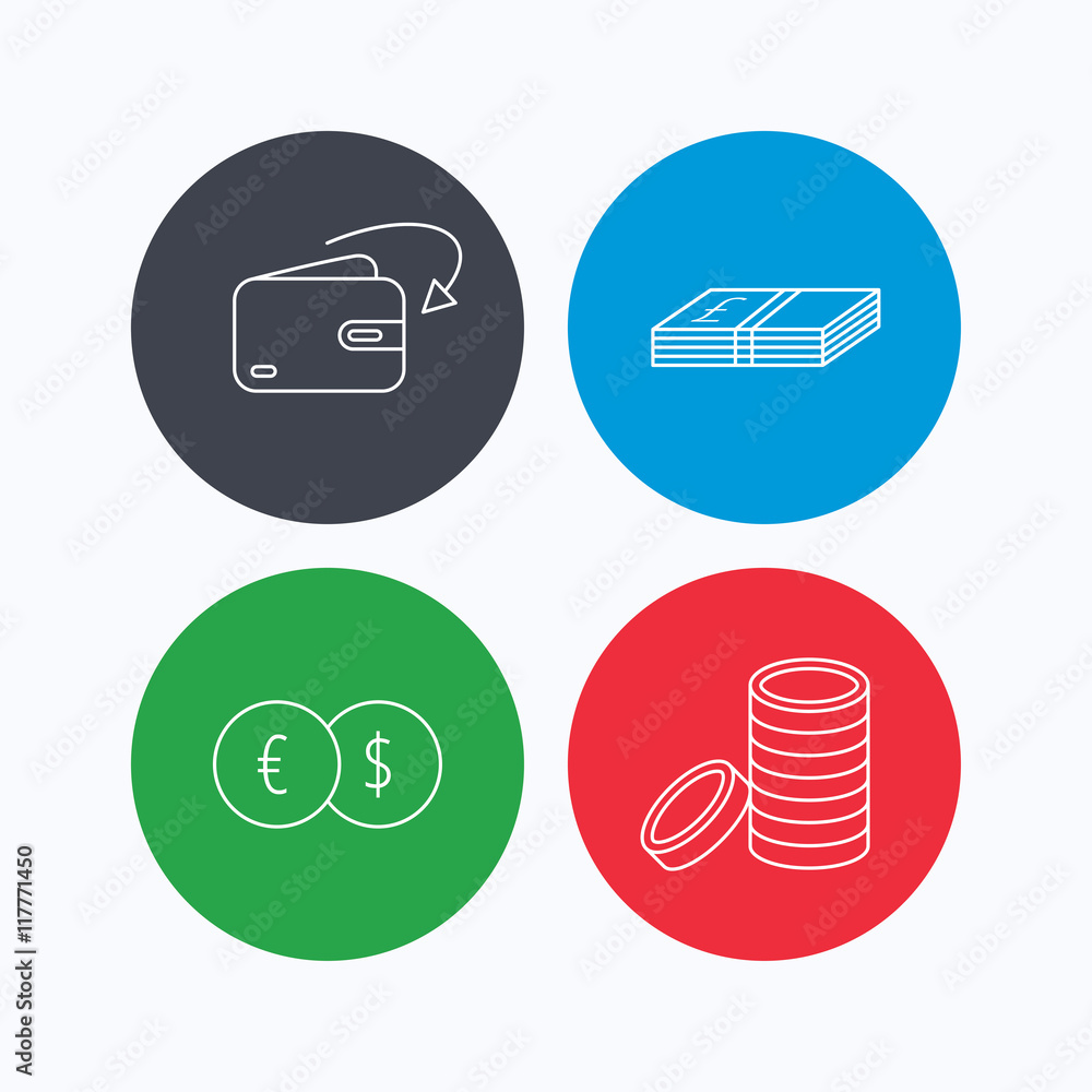Currency exchange, cash money and coins icons. Currency exchange, cash money and coins icons.