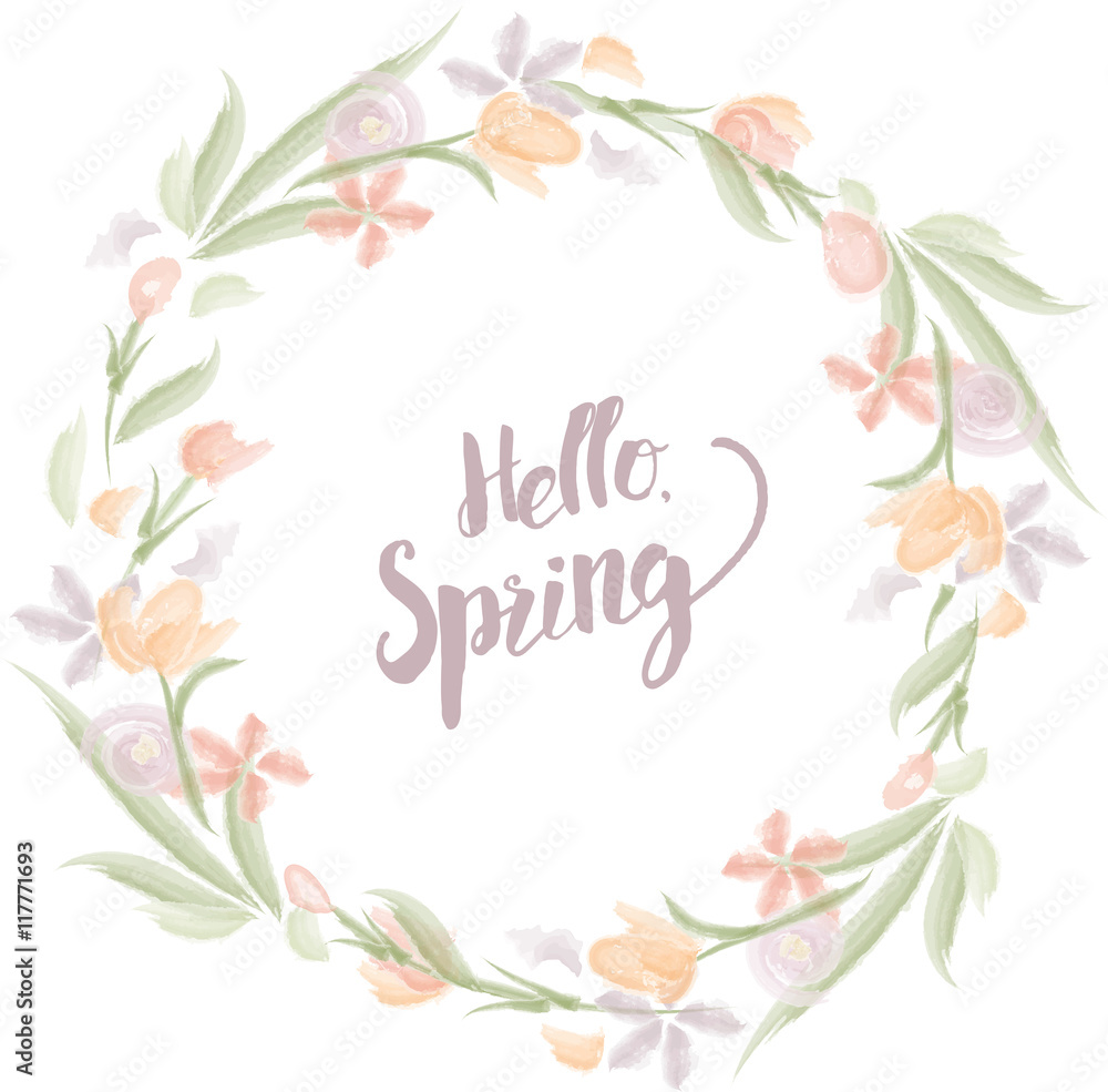 Hello Spring Watercolor Floral Wreath Graphic - Vector