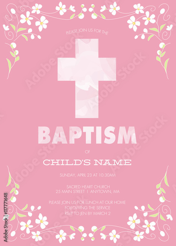 Pink Girl's Baptism/Christening/First Communion/Confirmation Invitation with Watercolor Cross and Floral Design - Vector