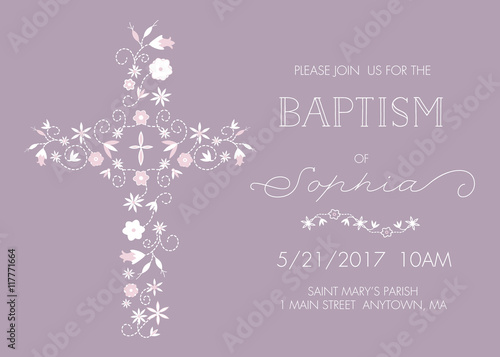 Baptism Invite Card Template with Cross and Flowers - Purple and White