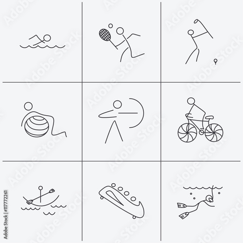 Swimming, tennis and golf icons. Biking, diving.