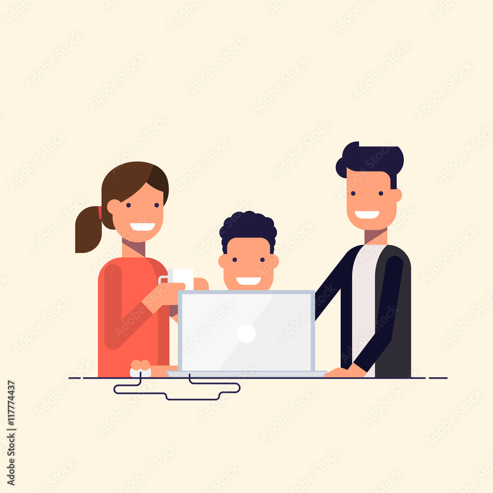 Business team in a work process or parent watch the child. Man sitting at a computer surrounded by employees. Team problem solving. A man in a business suit and woman drinking coffee. Cartoon flat