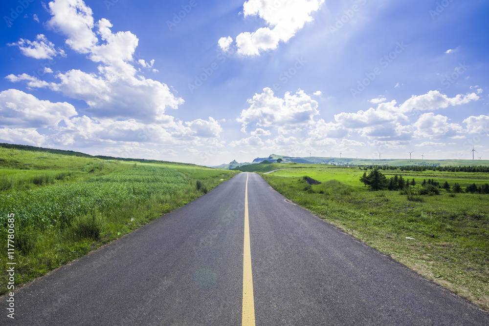 empty asphalt road on grassland