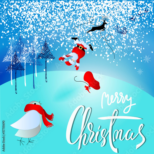 Santa Claus fall from sleigh with harness on the reindeer. Vector illustration. Chtistmas lettering. EPS10