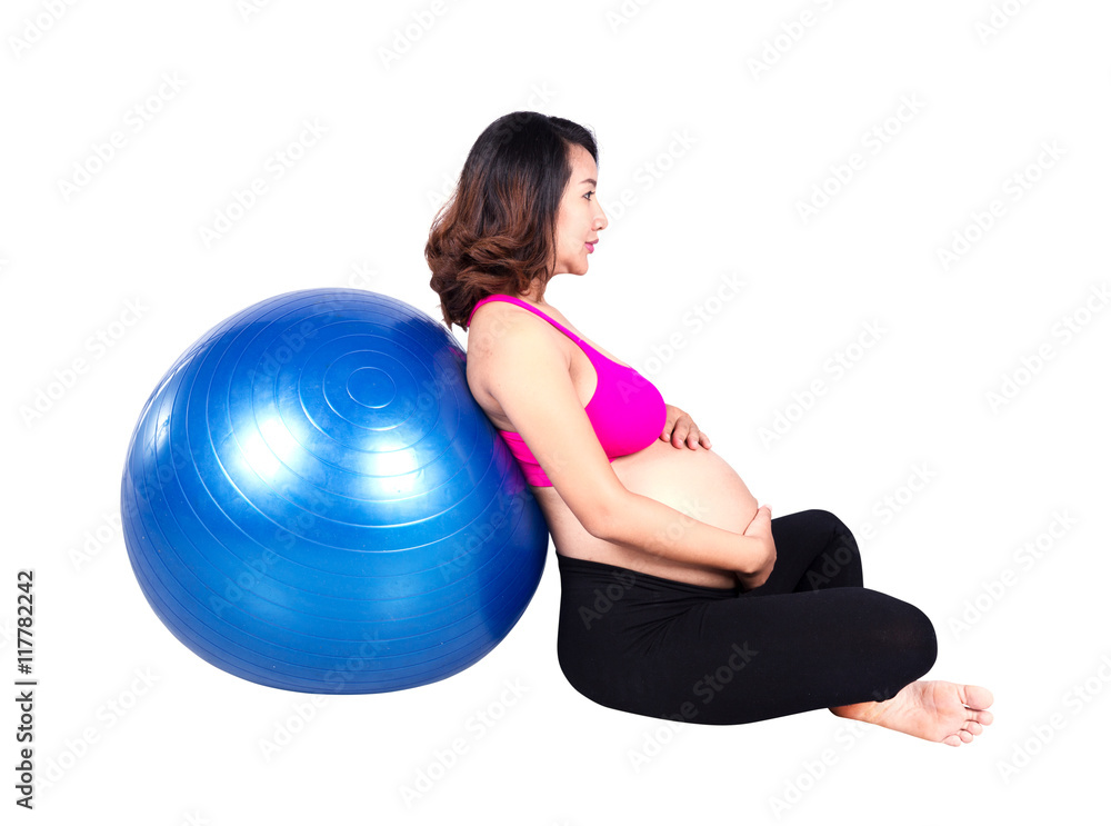 Pregnant woman with fitness ball on white background Pregnant woman with fitness ball on white background