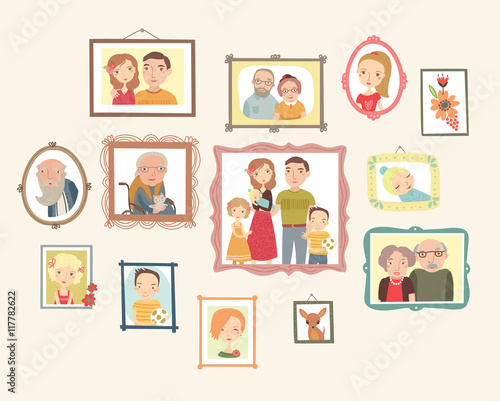 Gallery of family portraits. Photos on the wall