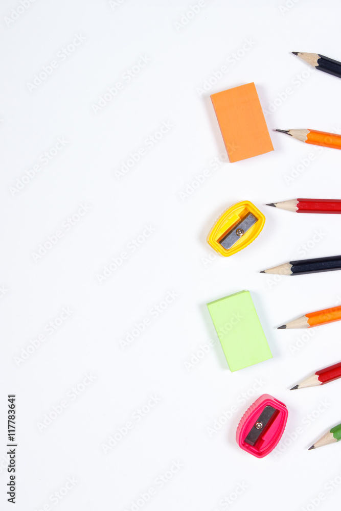 School and office accessories on white background, back to school concept, copy space for text