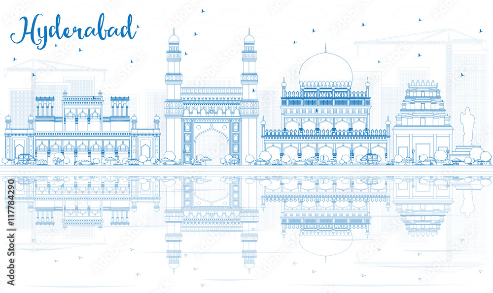 Outline Hyderabad Skyline with Blue Landmarks and Reflections.