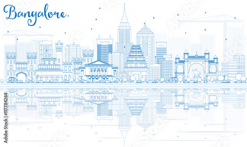 Outline Bangalore Skyline with Blue Buildings and Reflections.
