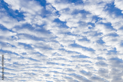 White puffy stratus clouds against a deep blue sky. photo