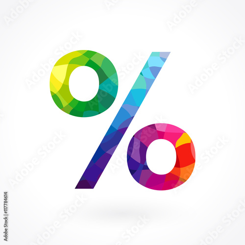 Percentage sign. Decorative colour icon for discount, sale and other business. Isolated abstract graphic design template. Stained-glass rainbow colored texture. Creative shopping stained decoration.