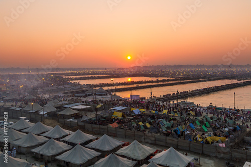 Hindu pilgrims cross pontoon bridges into the massive campsite during the festival of Kumbha Mela on February 10th 2013 at Allahabad, India.