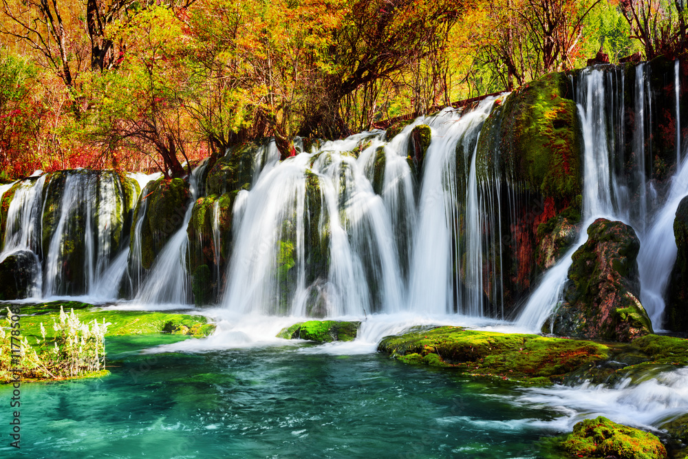 Waterfall and azure lake with crystal water among fall woods