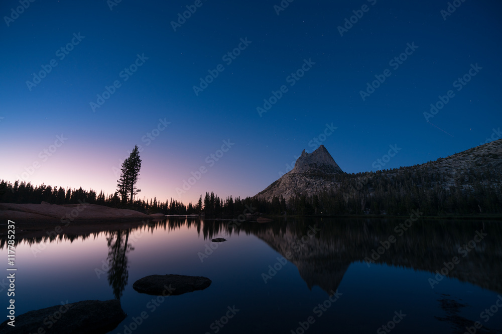 Beautiful Sunset with Stars at Upper Cathedral Lake, Yosemite