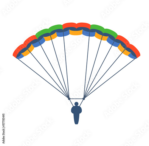 Illustration fly parachute flat icon cartoon graphic. Modern parachute extreme transport sky adventure journey and air parachute travel transportation flight airship. Hight jump down