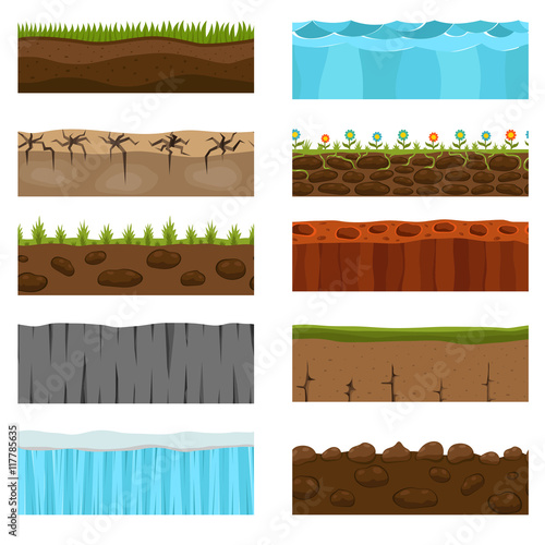 Illustration of cross section of ground with grass isolated on white. Agriculture country gardening ground slices piece nature cross outdoor. Meadow ecology underground ground slices vector.