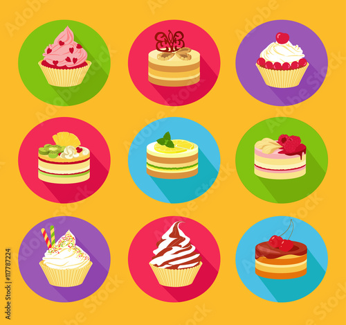 Cakes icon set. Symbols of cakes and cupcakes in flat design style. Vector illustration