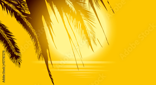 Luxury golden background with palm trees  sun and sea on a hot afternoon.