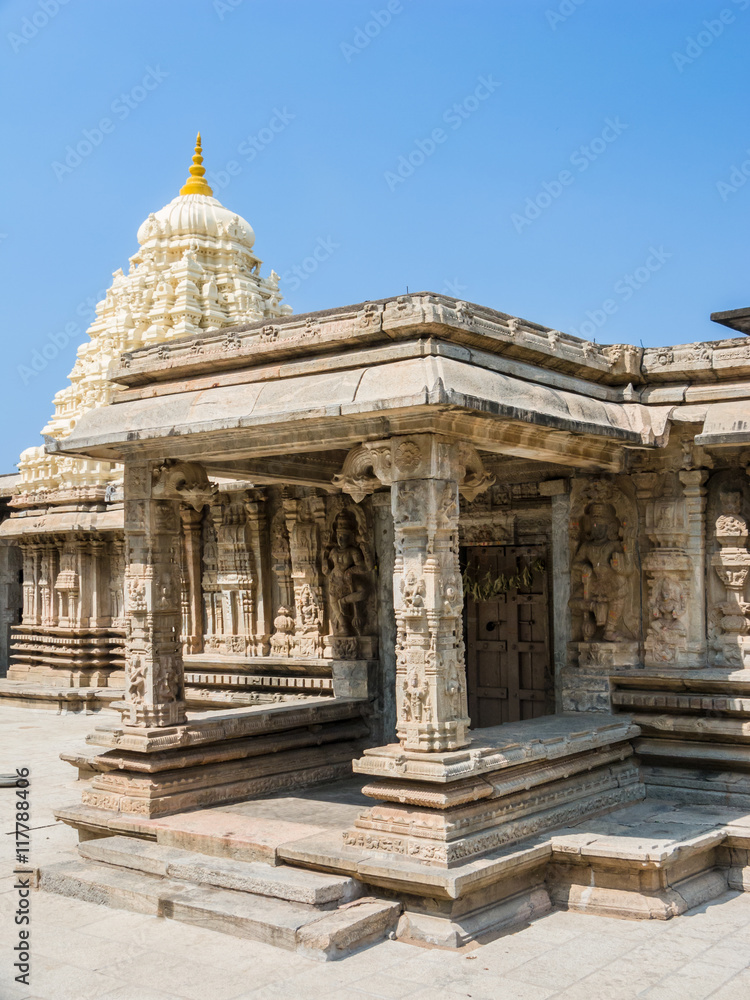 The outside of one of the shrines of Keshava at the 13th Century temple of Somanathapur, Karnataka, South India.