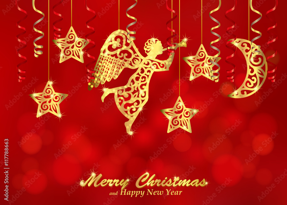 Holiday red background with golden figures of angel, stars and m Holiday red background with golden figures of angel, stars and m