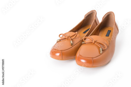 Beautiful vintage Pair of fashion woman leather shoes with side view profile and copy space, isolated on white background.