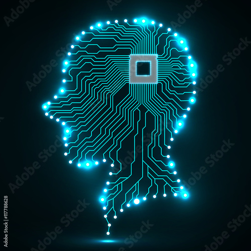 Neon human head, cpu, circuit board, vector illustration, eps 10