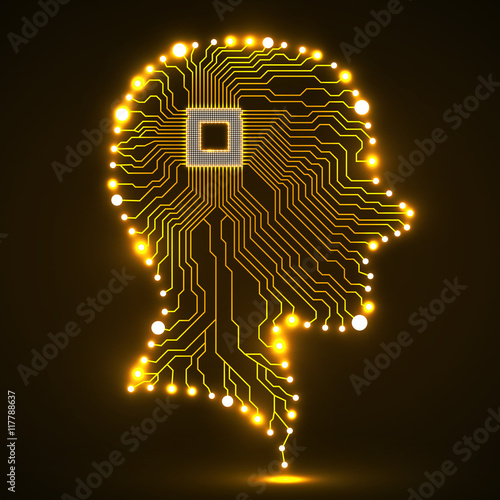 Neon human head, cpu, circuit board, vector illustration, eps 10