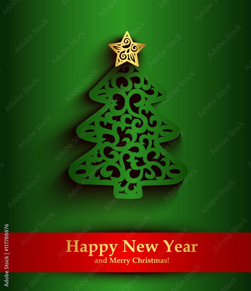 New Year green greeting card with silhouette of Christmas tree New Year green greeting card with silhouette of Christmas tree