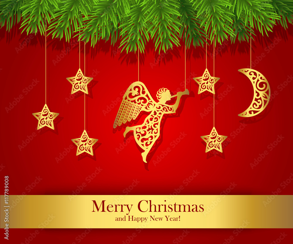 Red Christmas greeting card decorated with gold angel