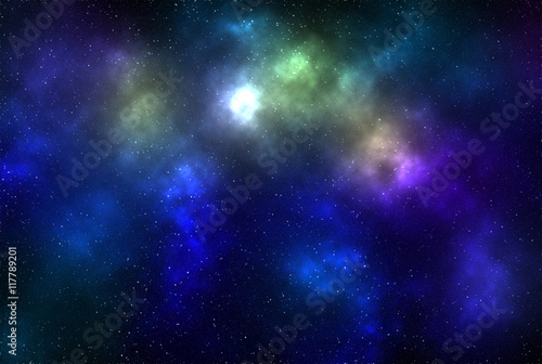 Fototapeta Naklejka Na Ścianę i Meble -  Digital illustration of a bright star on glowing deep-space background with colorful gaseous clouds and stars as background for creative design