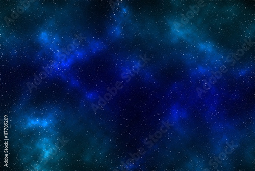 Digital illustration of glowing deep-space background with colorful gaseous clouds and stars as background for creative design