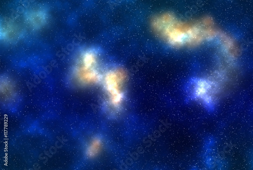 Digital illustration of glowing deep-space background with colorful gaseous clouds and stars as background for creative design